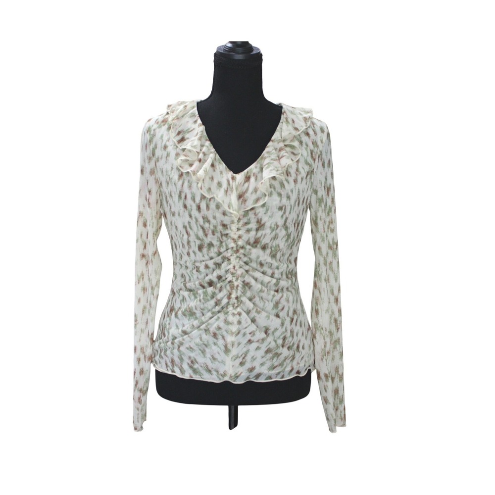Cabi Ruched Sheer Blouse Women XS Ruffle Neck Long Sleeve Mesh Top Neutral Print